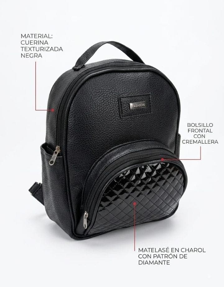 Mochila pequeña de cuerina con bolsillo en matelasé